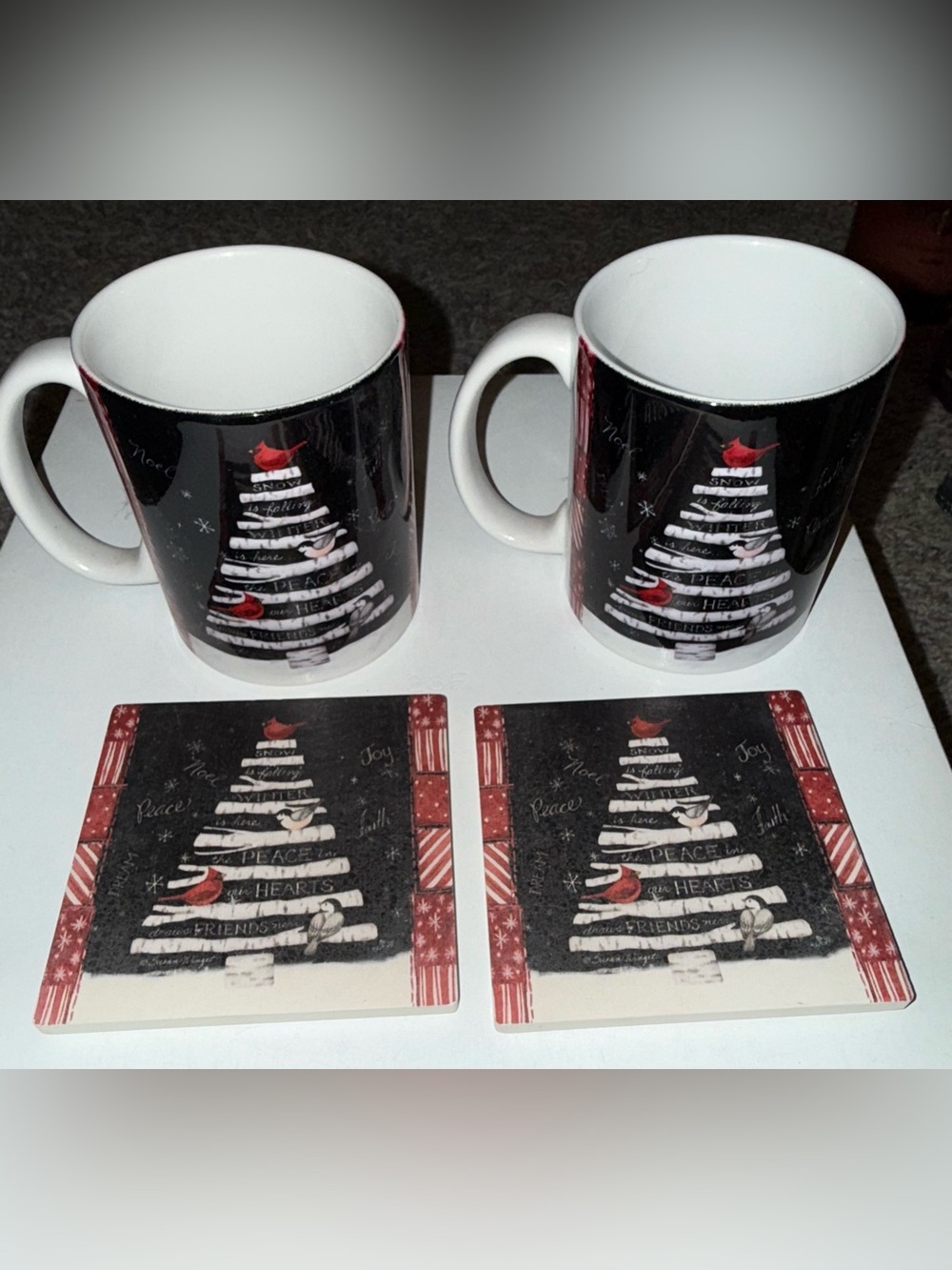Holiday Tree Ceramic Mug and Coaster Set - Black and Red NWOT